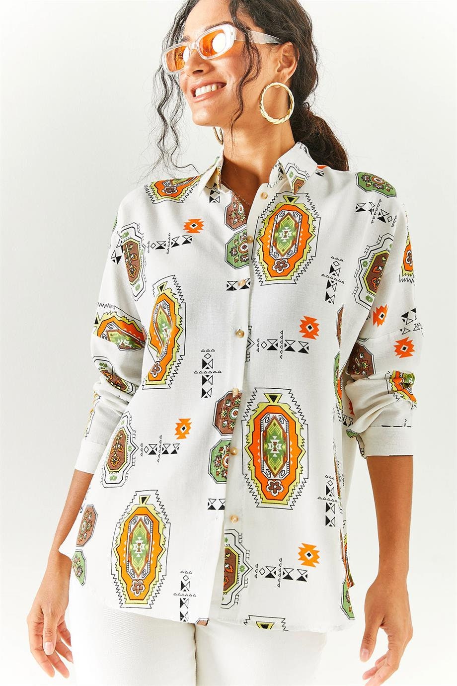 Lola Brown Ethnic Print Linen Blouse
