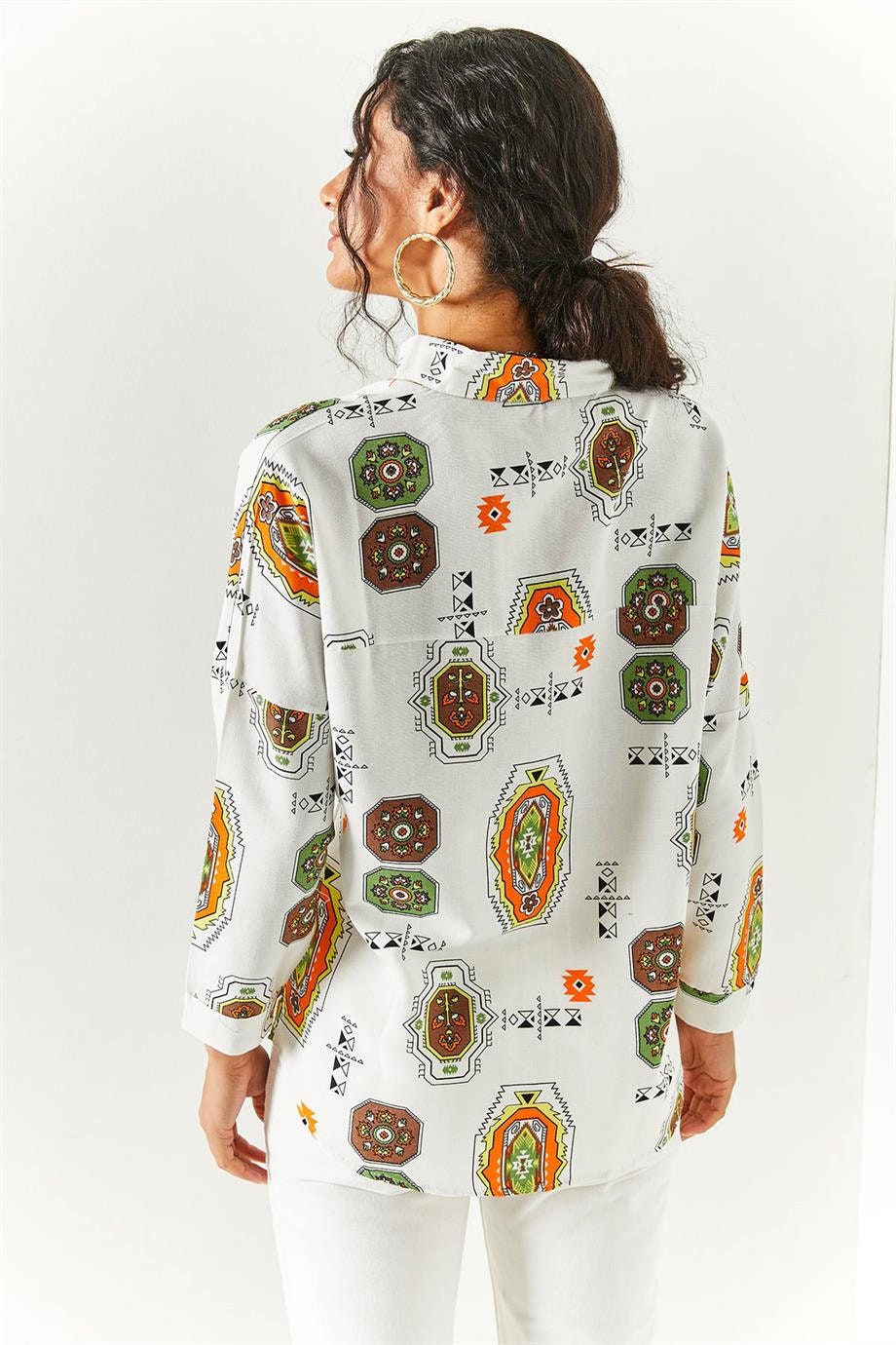 Lola Brown Ethnic Print Linen Blouse