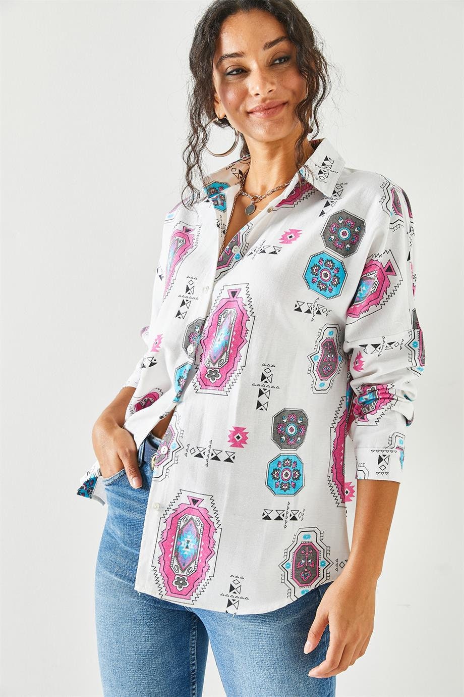 Lola Pink Ethnic Print Linen Blouse