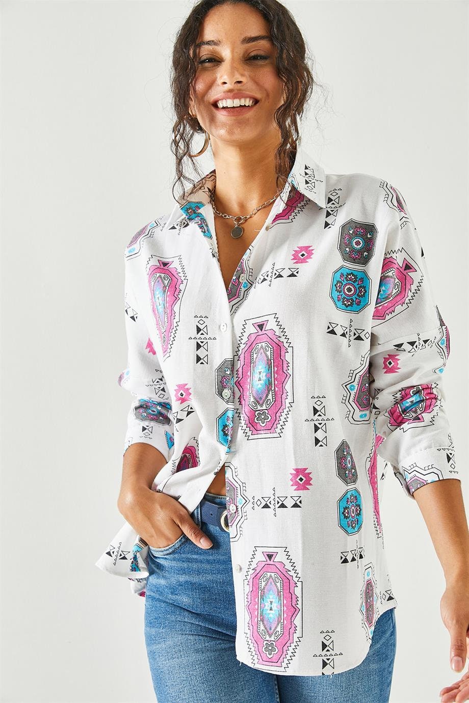 Lola Pink Ethnic Print Linen Blouse