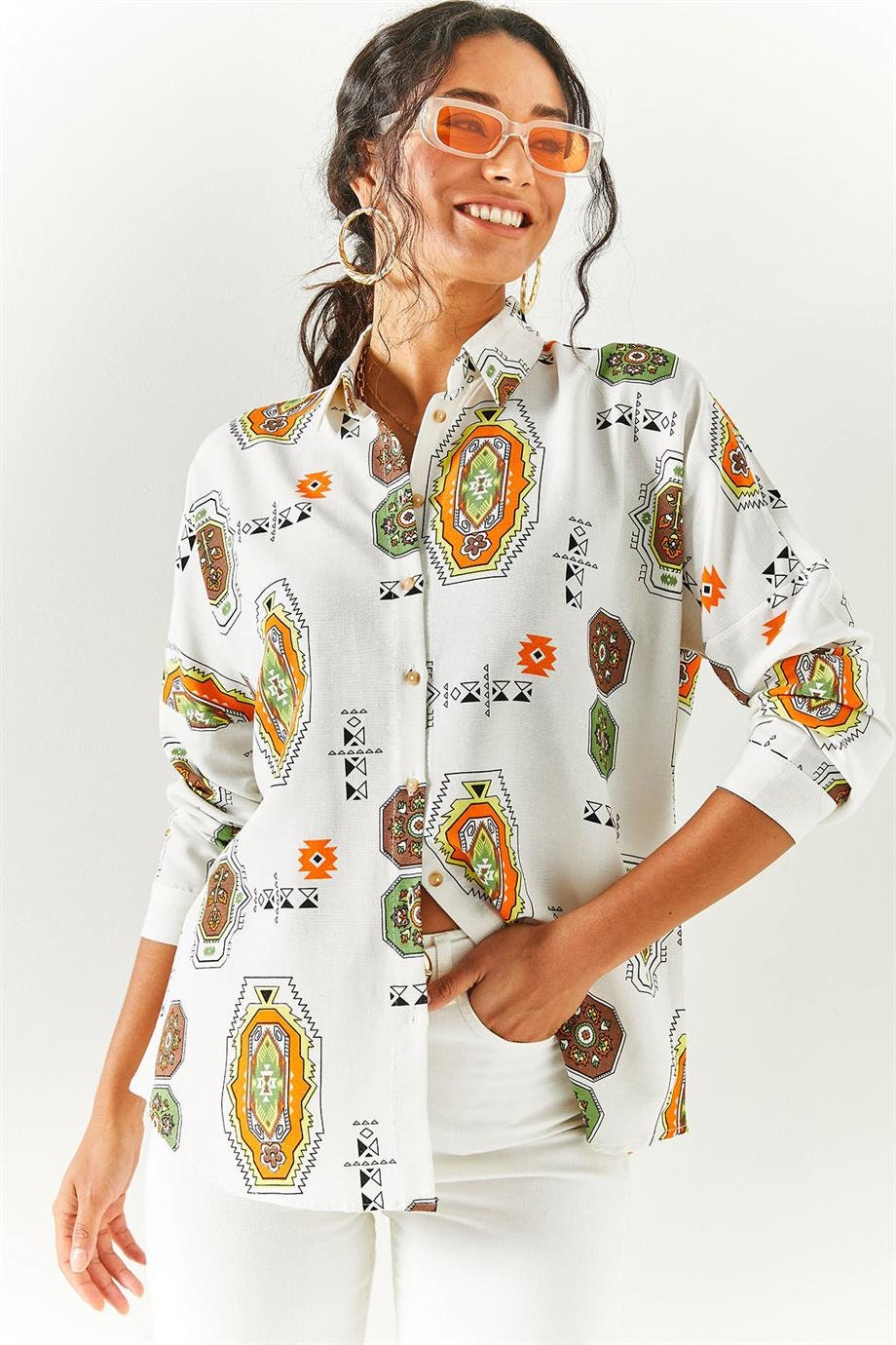 Lola Brown Ethnic Print Linen Blouse