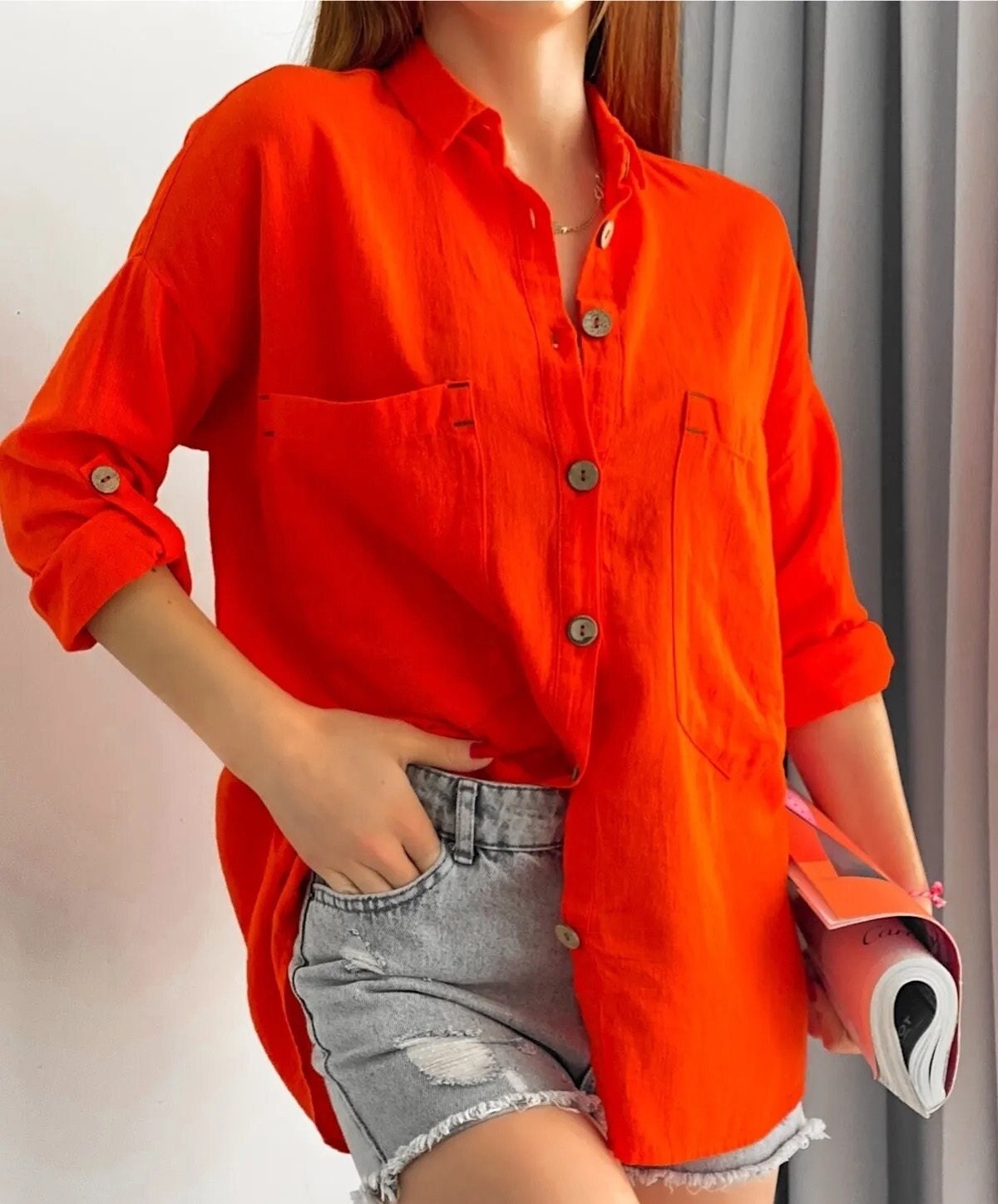 Blouse met lange mouwen van katoen-linnenmix