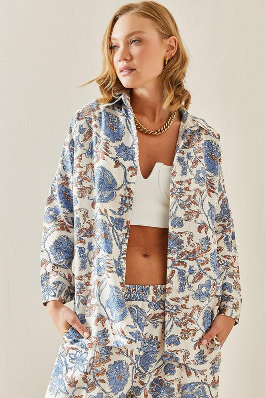 Lola Blue Minimalist Floral Designer Linen Blouse