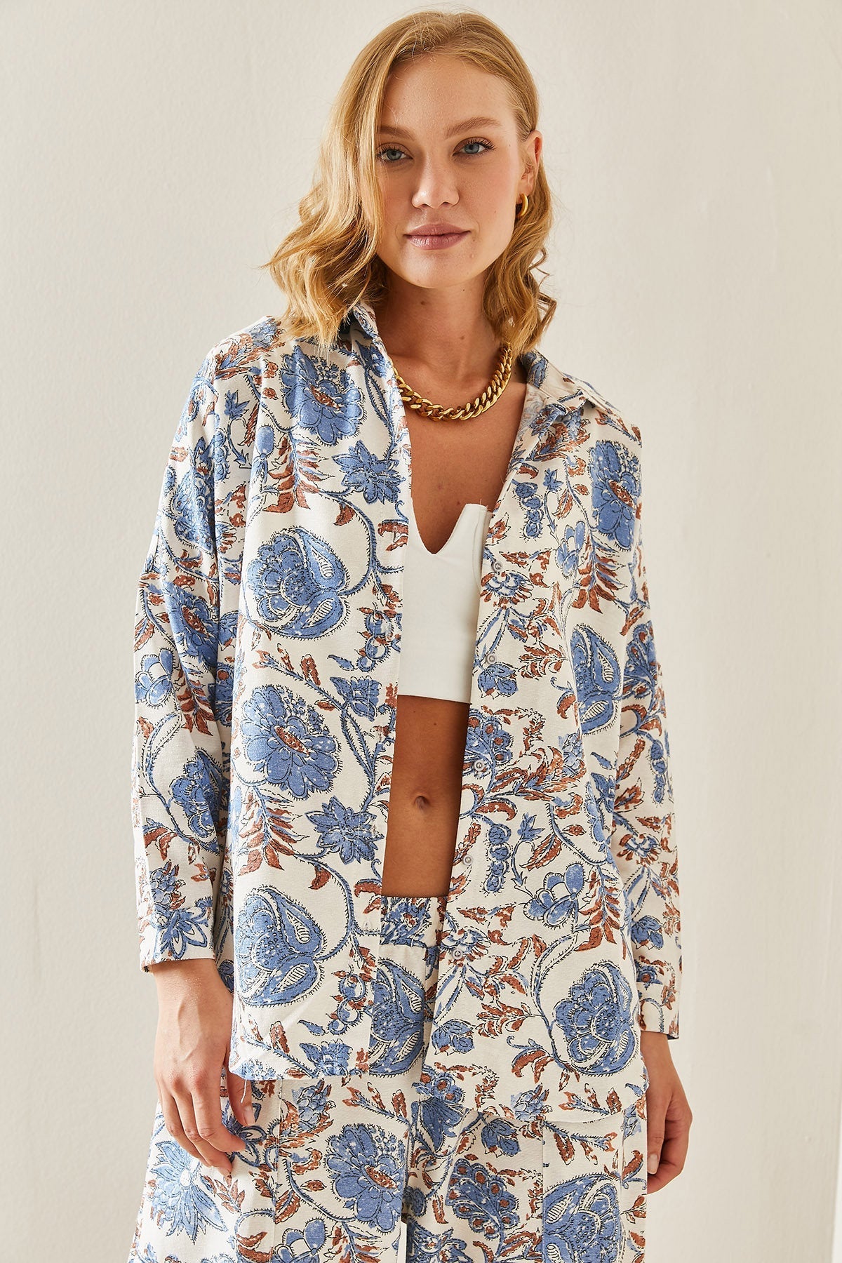 Lola Blue Minimalist Floral Designer Linen Blouse