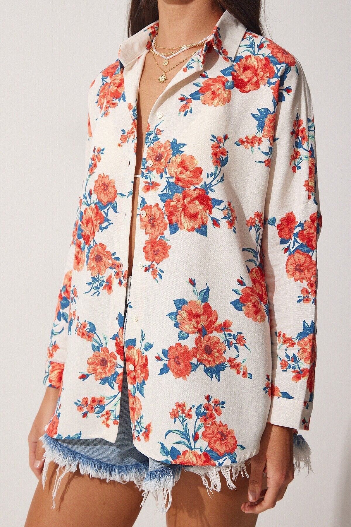 Lola Yellow Floral Pattern Linen Button Down Blouse