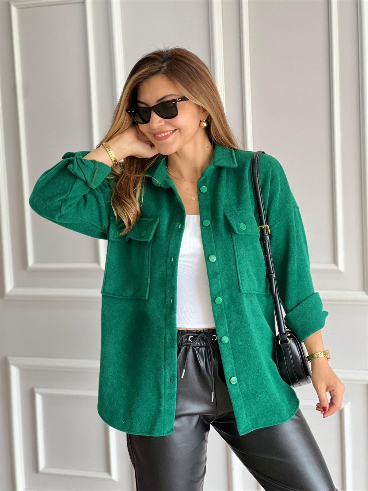 Emerald Green Long Sleeve Blouse Shacket