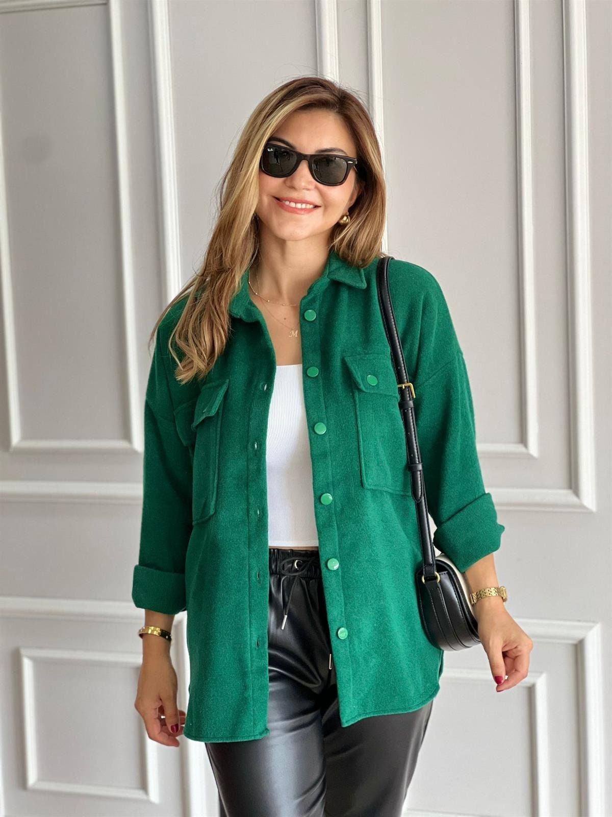 Emerald Green Long Sleeve Blouse Shacket