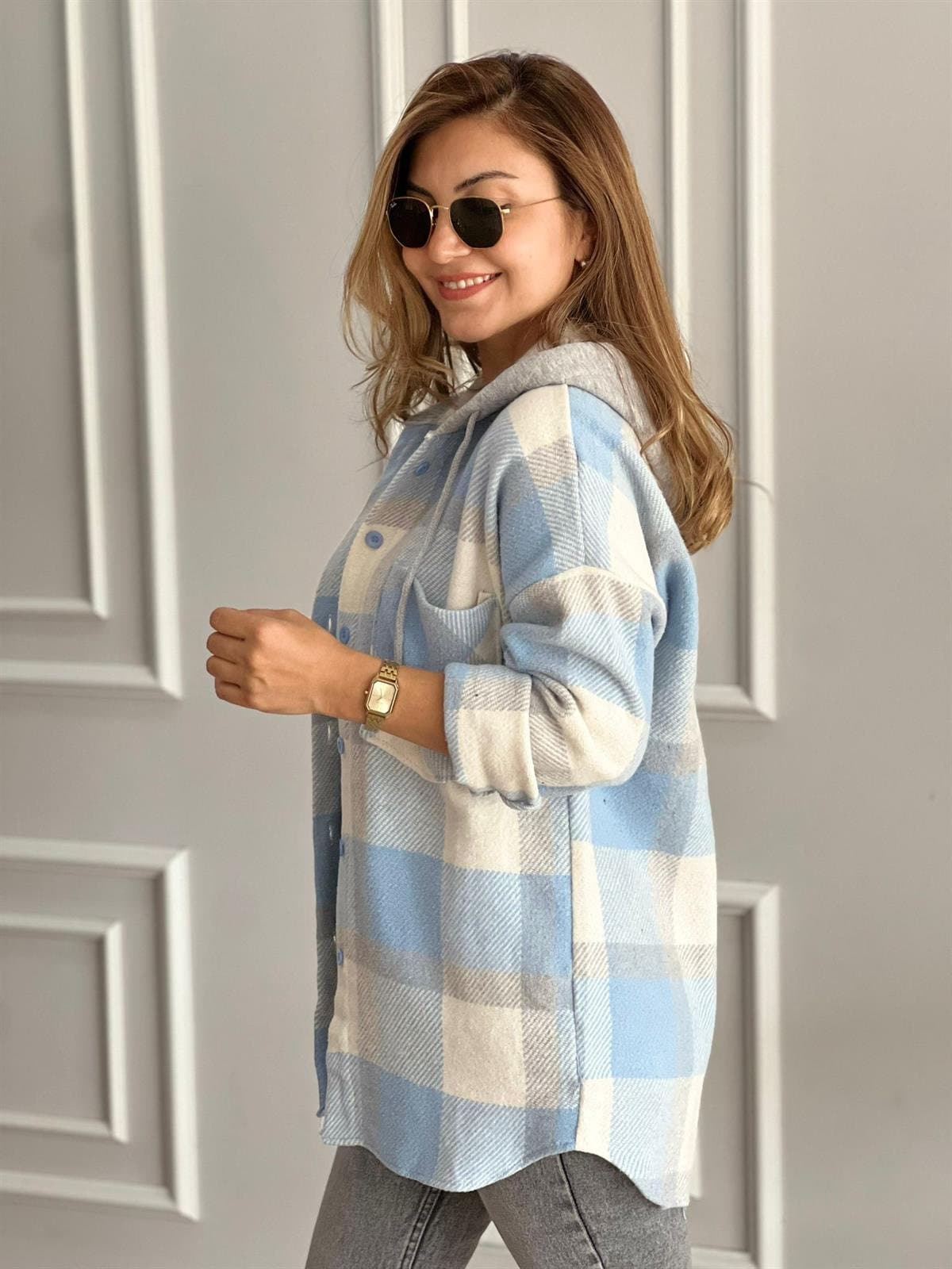 Harper Soft Blue Cream Cotton Plaid Shacket with Hoodie