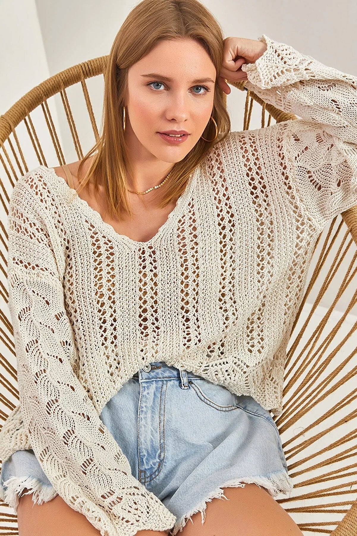 Cassie Beige Chic Breezy Boho Crochet Sweater