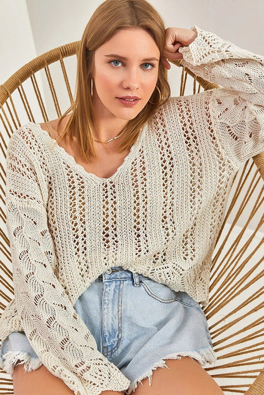 Cassie Beige Chic Breezy Boho Crochet Sweater