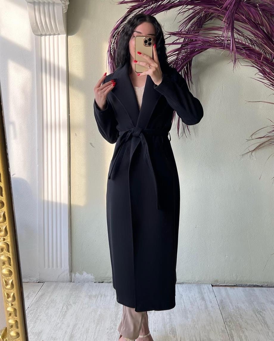 Camel Wool Long Coat with Belt and Pocket