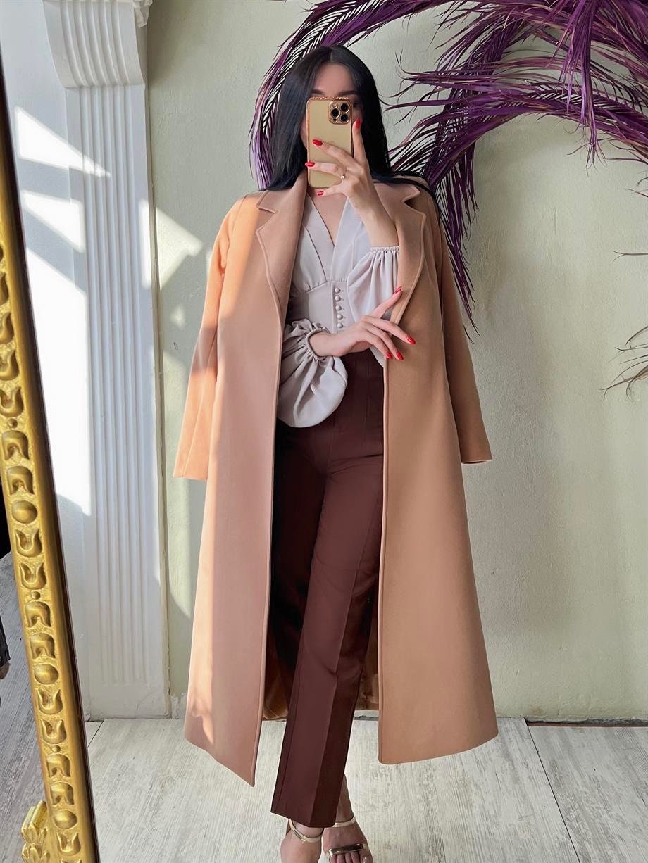 Camel Wool Long Coat with Belt and Pocket