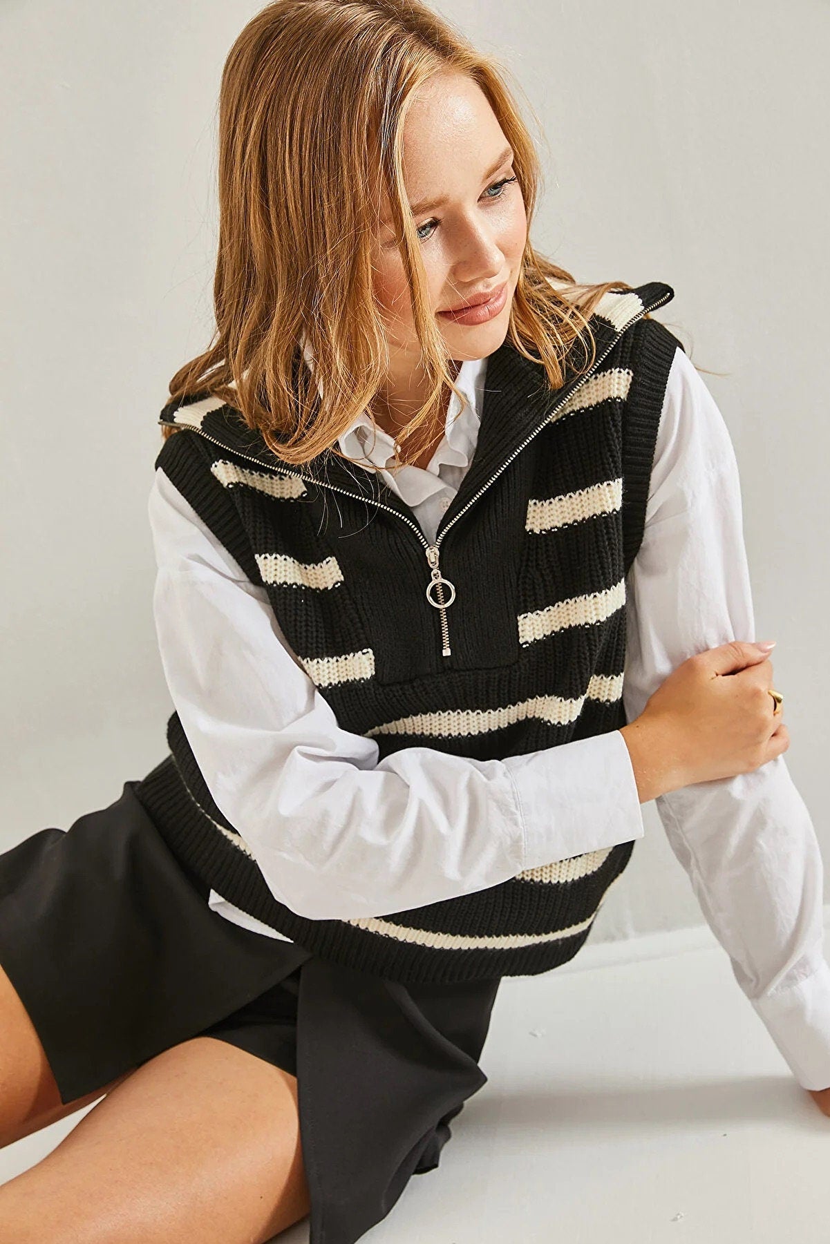 Andrea Black Mod Monochrome Knit Vest