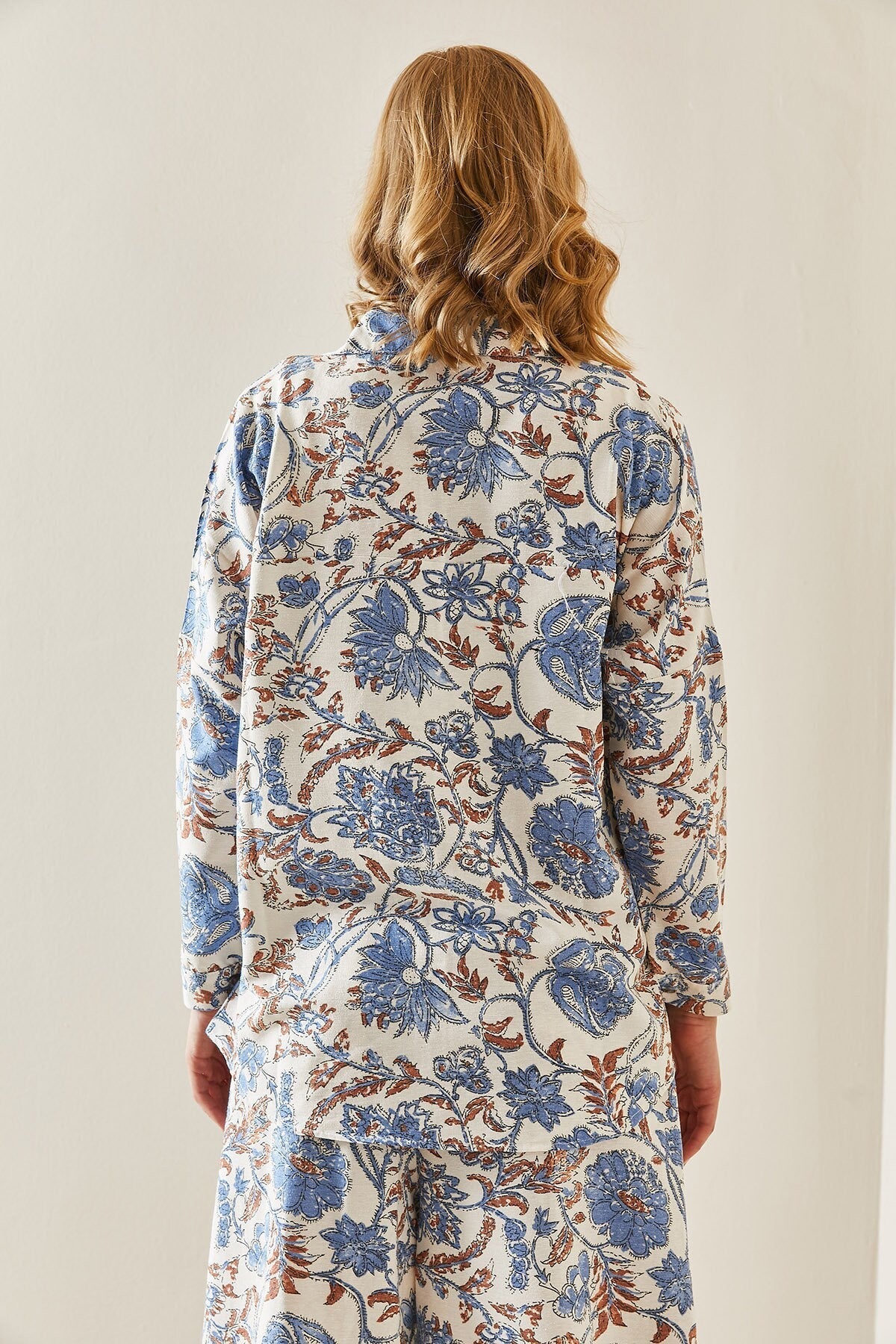 Lola Blue Minimalist Floral Designer Linen Blouse