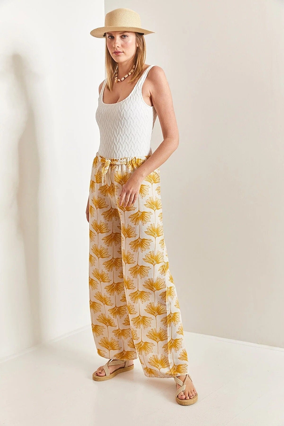 Yellow Gingko Print Wide Leg Linen Pants