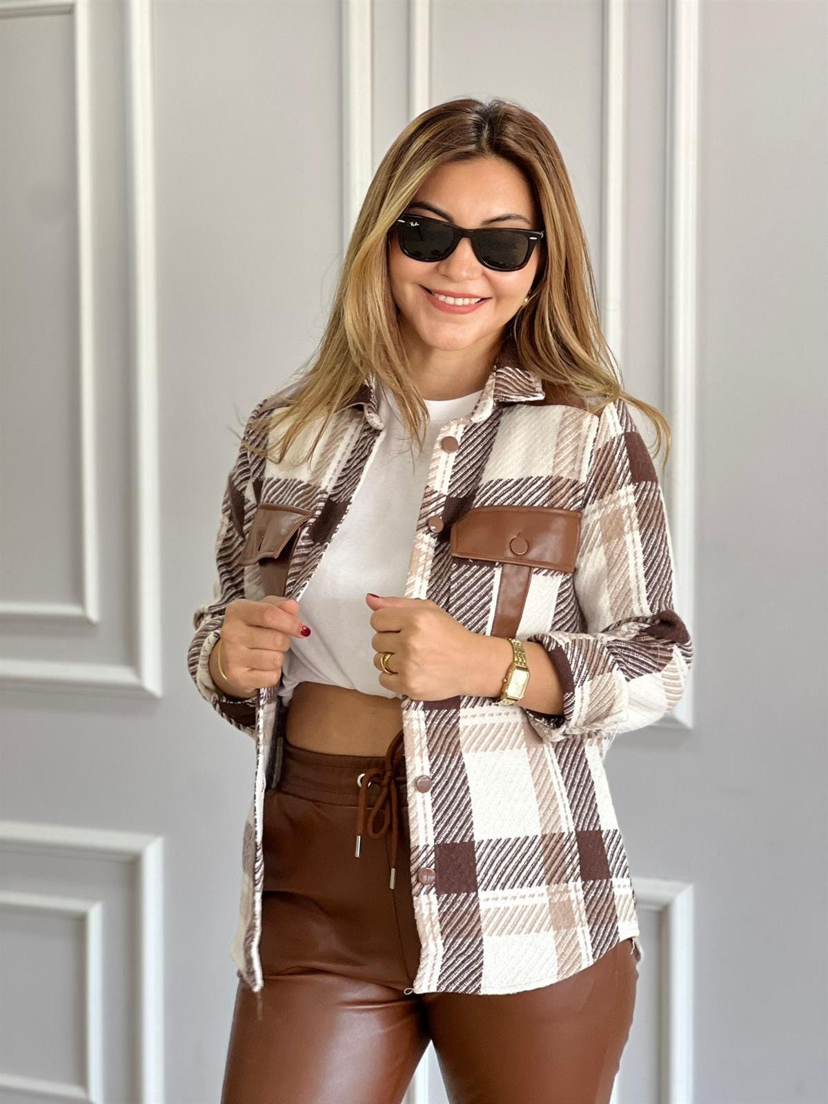 Brown Cotton Plaid Button Down Shacket