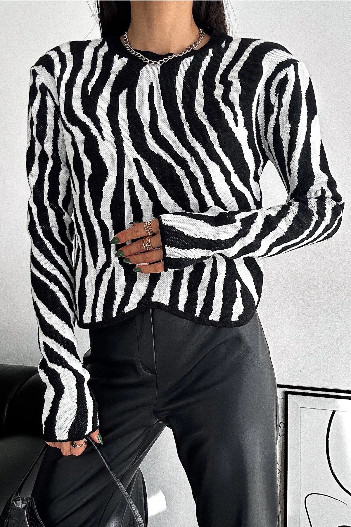 Zebra Striped Pattern High Neck Drop Shoulder Sweater