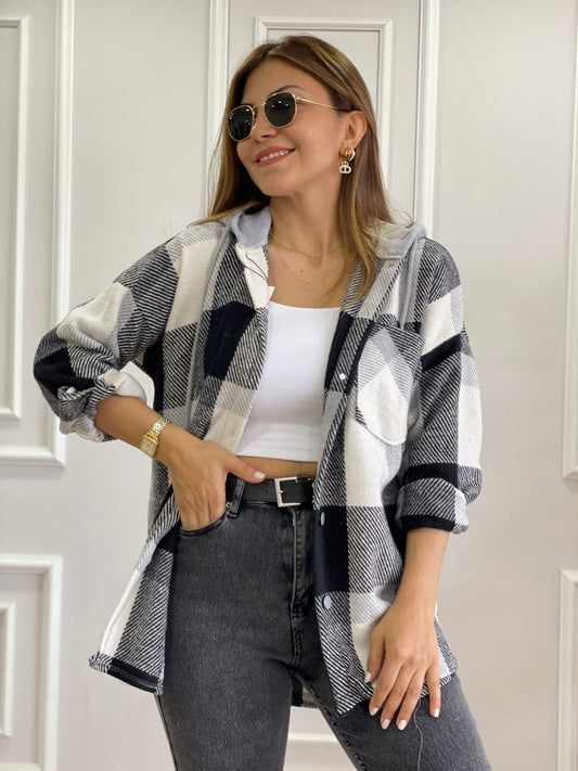 Harper Black White Cotton Plaid Shacket with Hoodie
