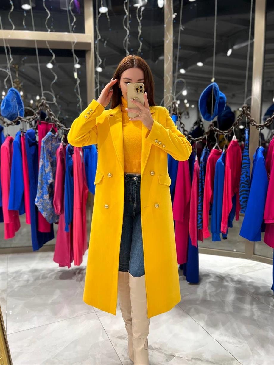 Camel Wool Long Wool Coat with Gold Buttons