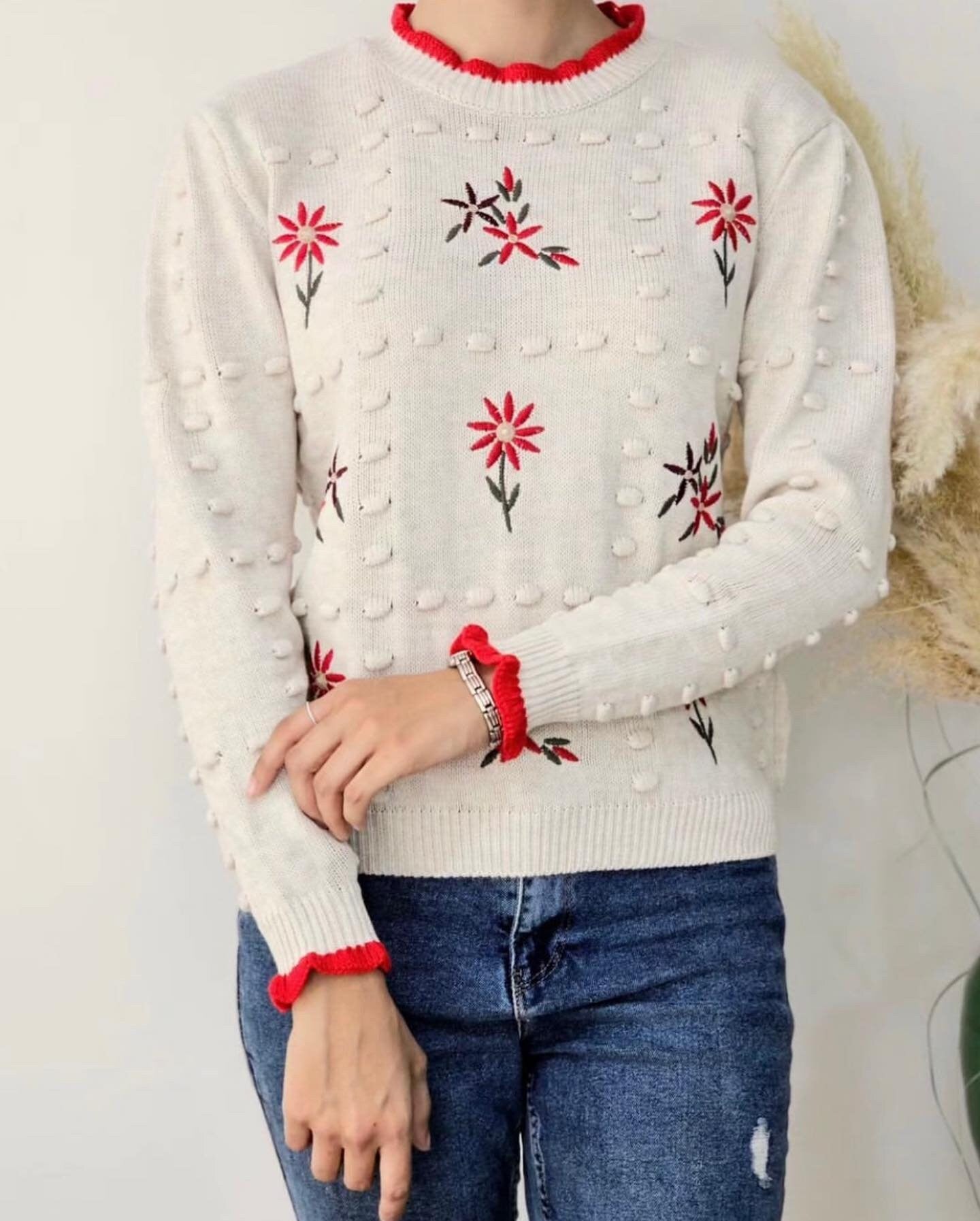 Red Embroidered Knitted Sweater