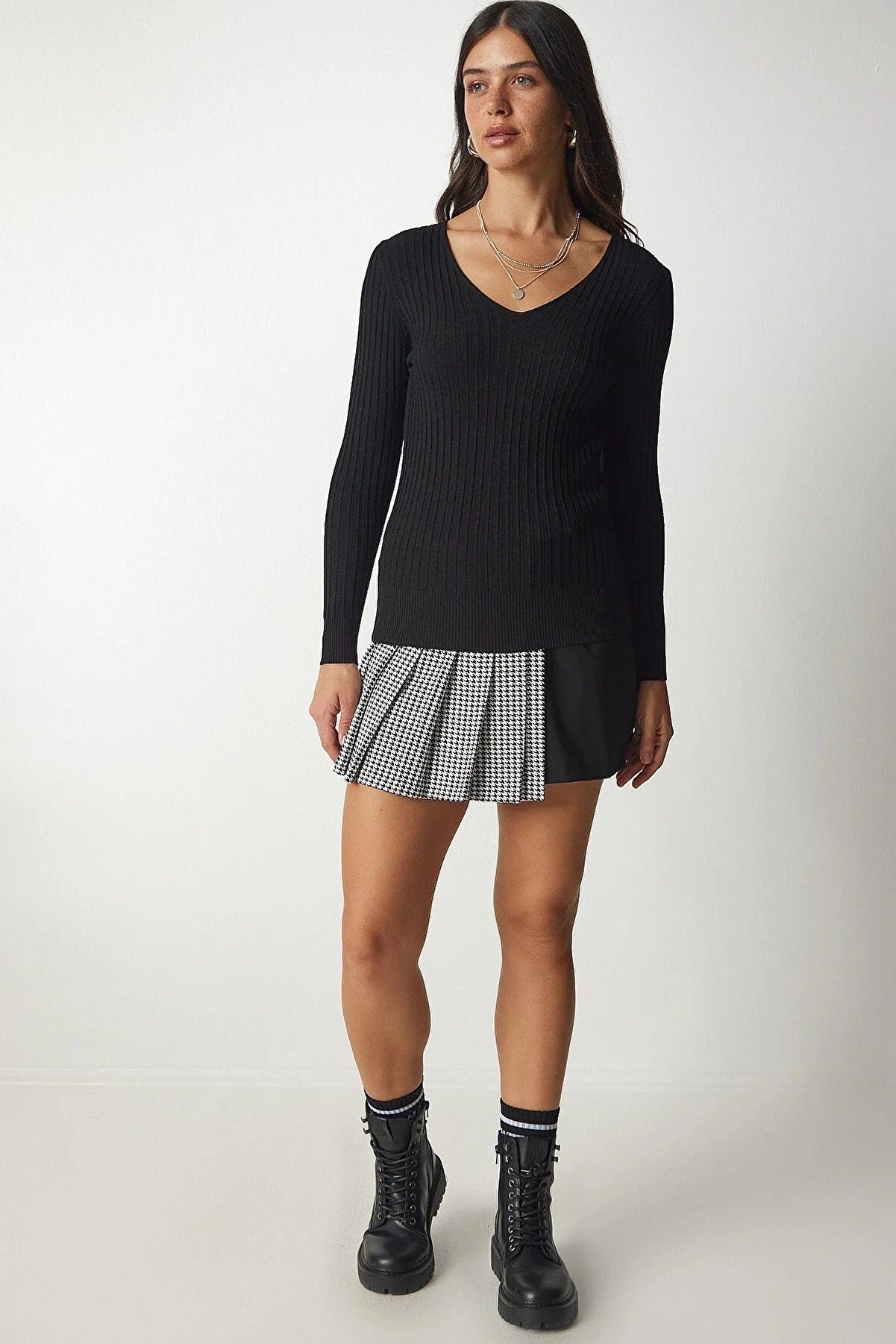 Strakke V-hals geribbelde blouse