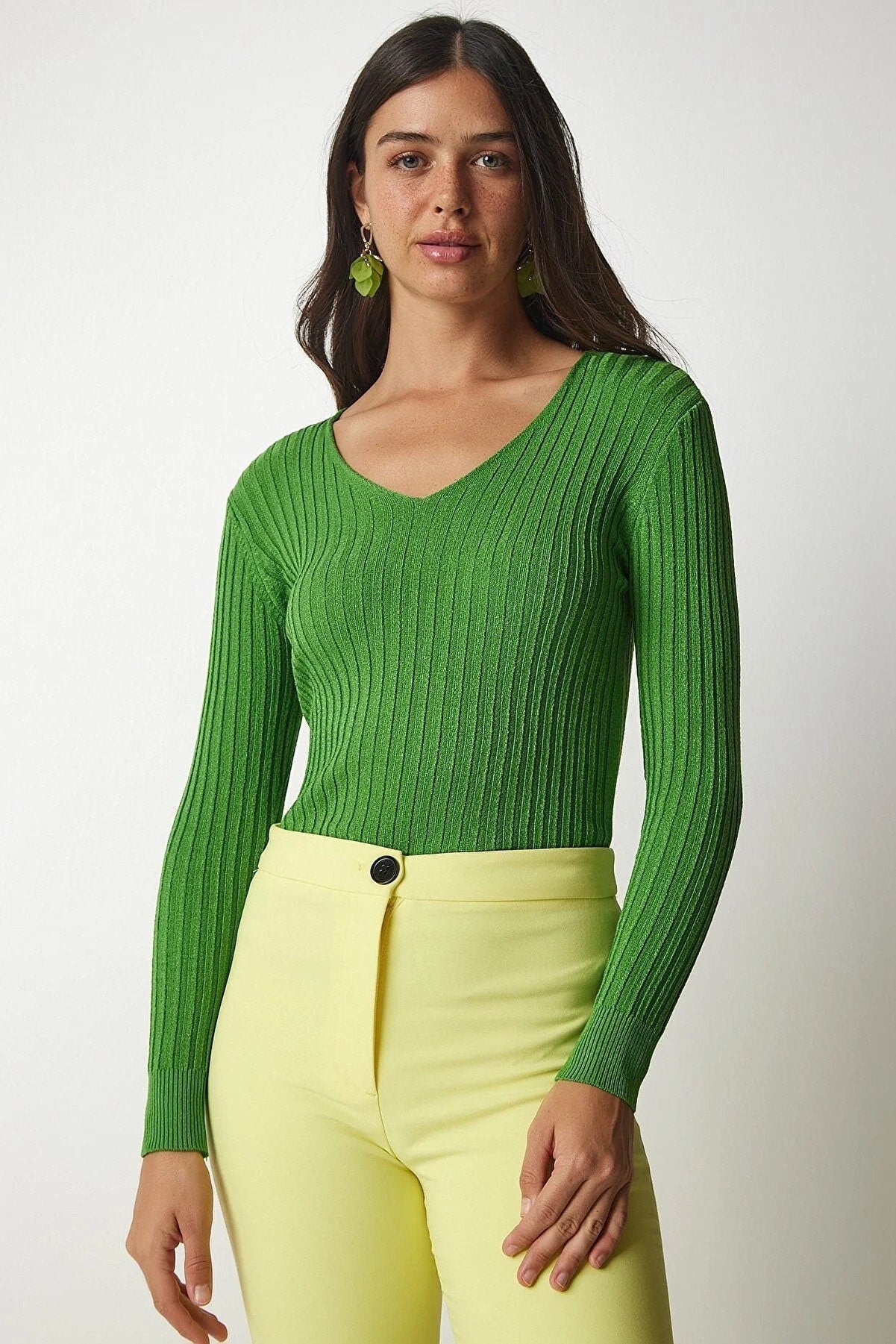 Strakke V-hals geribbelde blouse