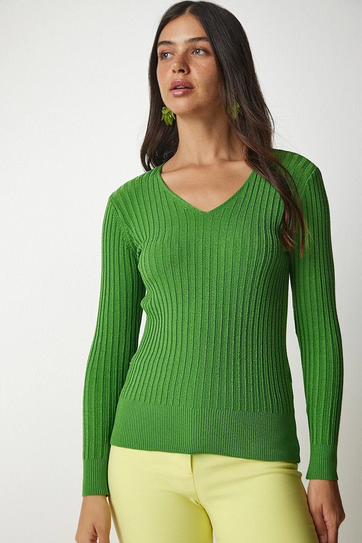 Strakke V-hals geribbelde blouse