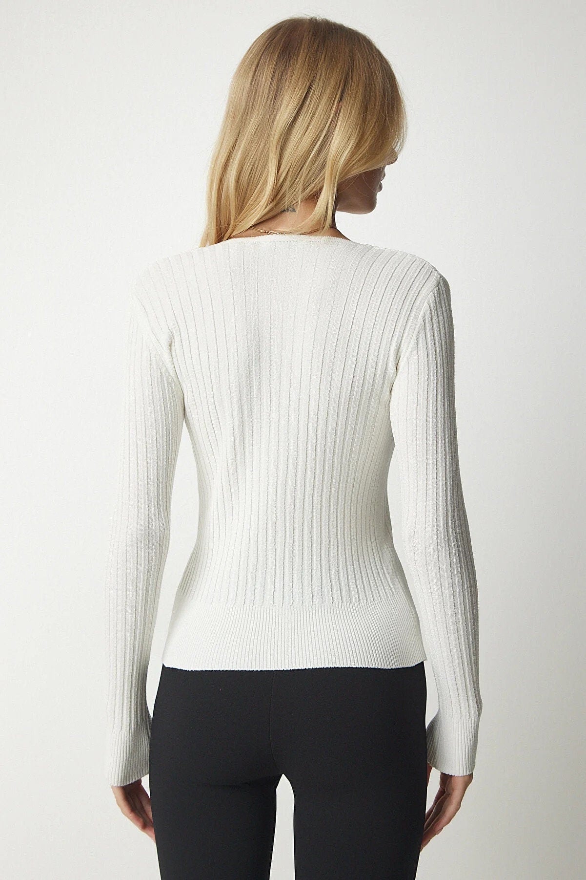 Strakke V-hals geribbelde blouse