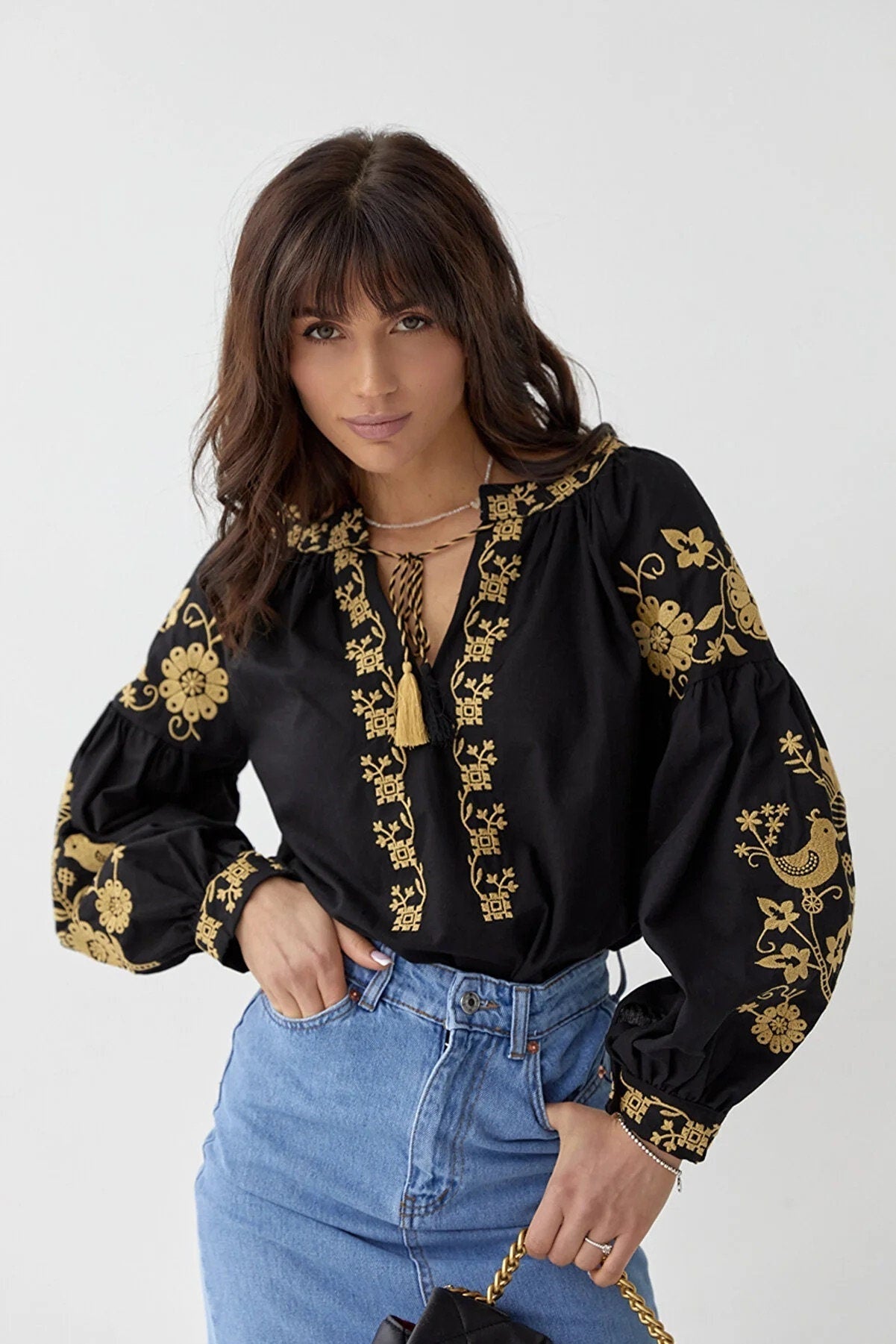 Black Gold Bird Floral Embroidered Cotton Blouse