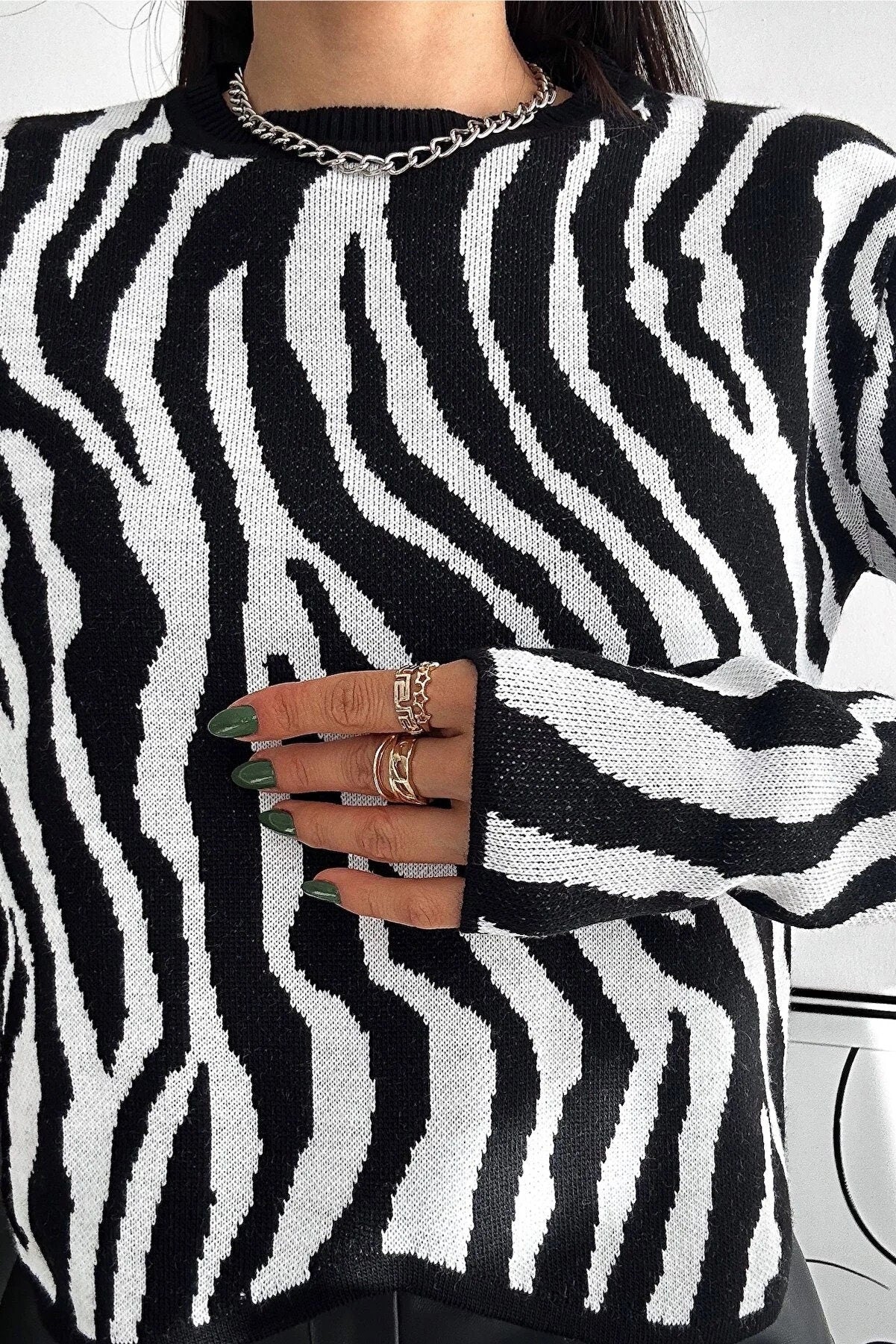 Zebra Striped Pattern High Neck Drop Shoulder Sweater