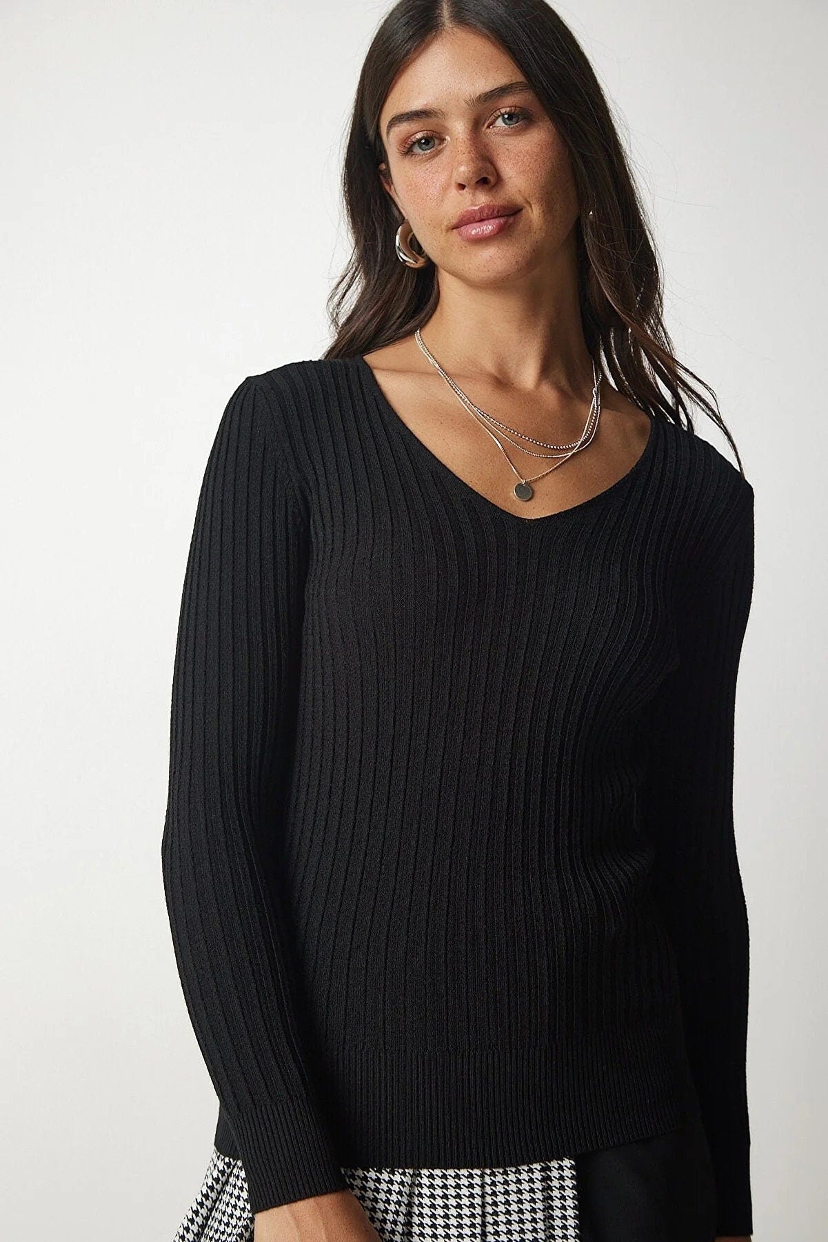 Strakke V-hals geribbelde blouse