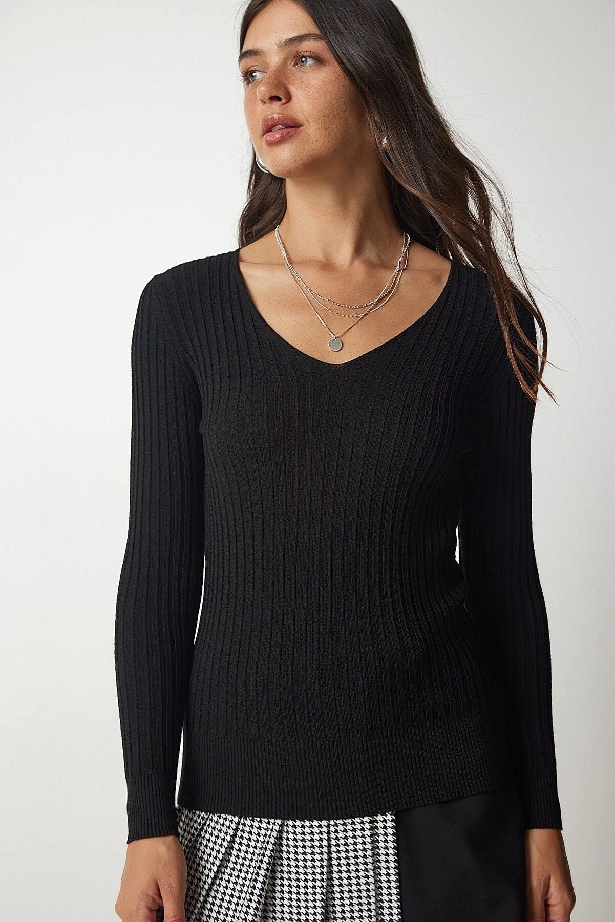 Strakke V-hals geribbelde blouse