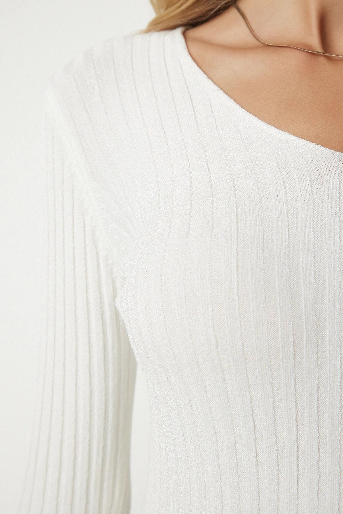Strakke V-hals geribbelde blouse