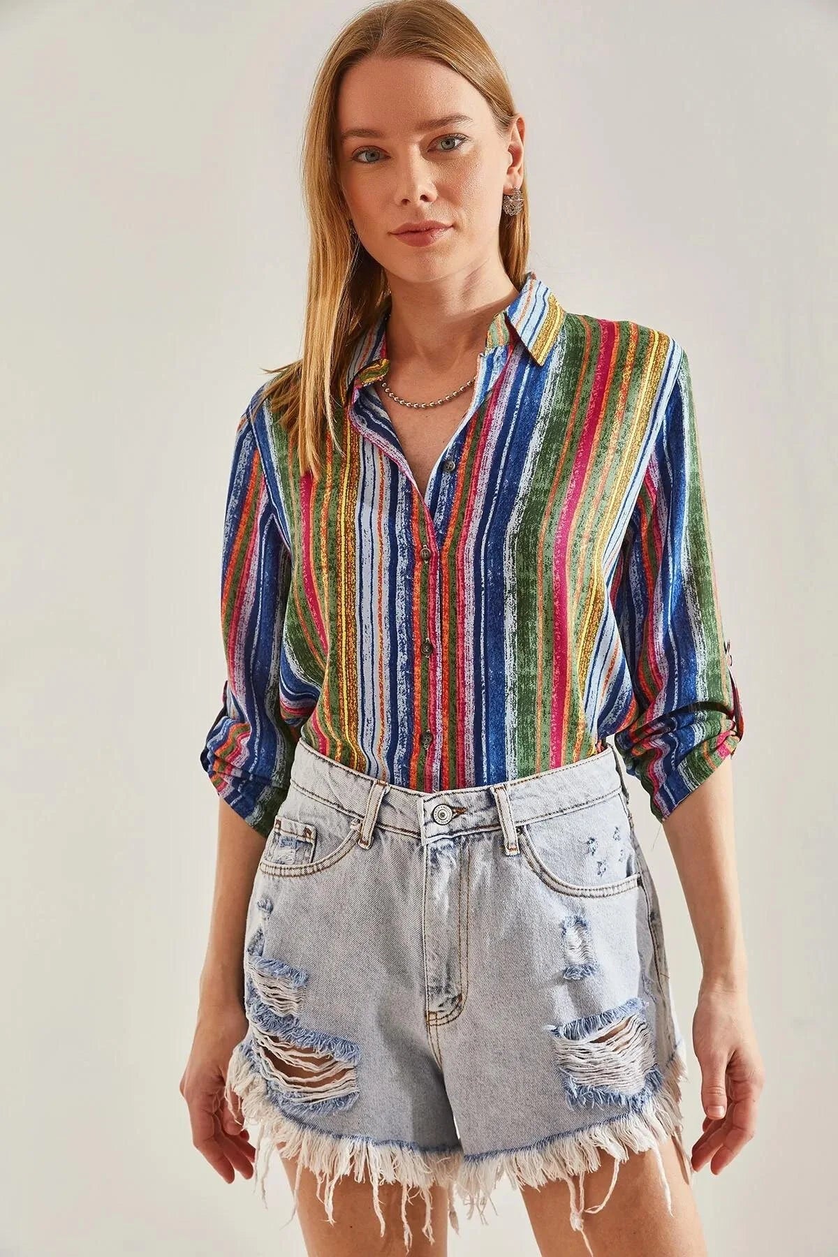 Rainbow Vertical Striped Button-Down Shirt