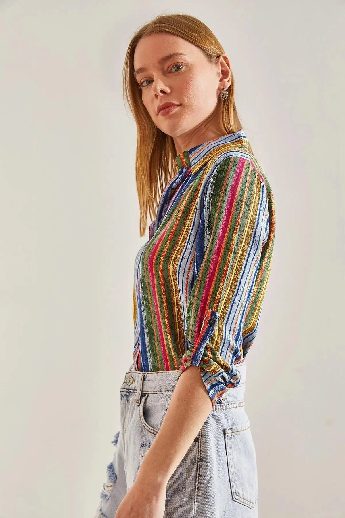 Rainbow Vertical Striped Button-Down Shirt