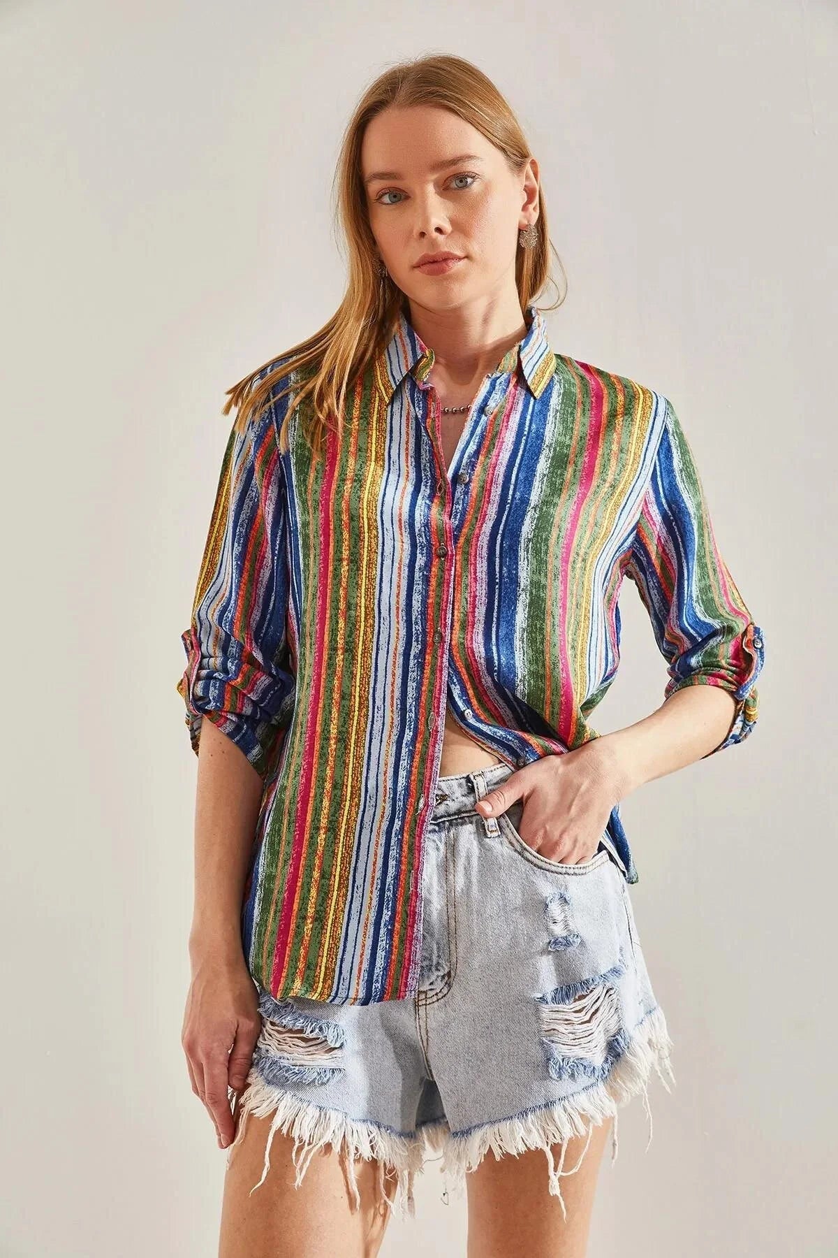 Rainbow Vertical Striped Button-Down Shirt