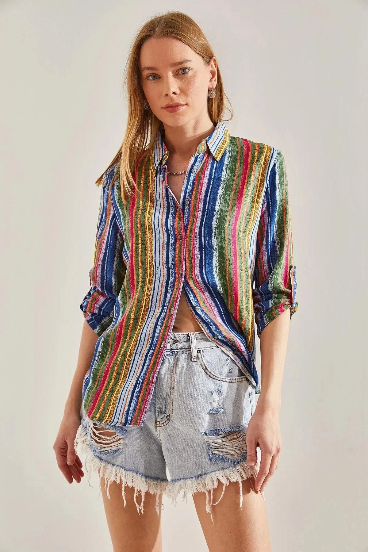 Rainbow Vertical Striped Button-Down Shirt