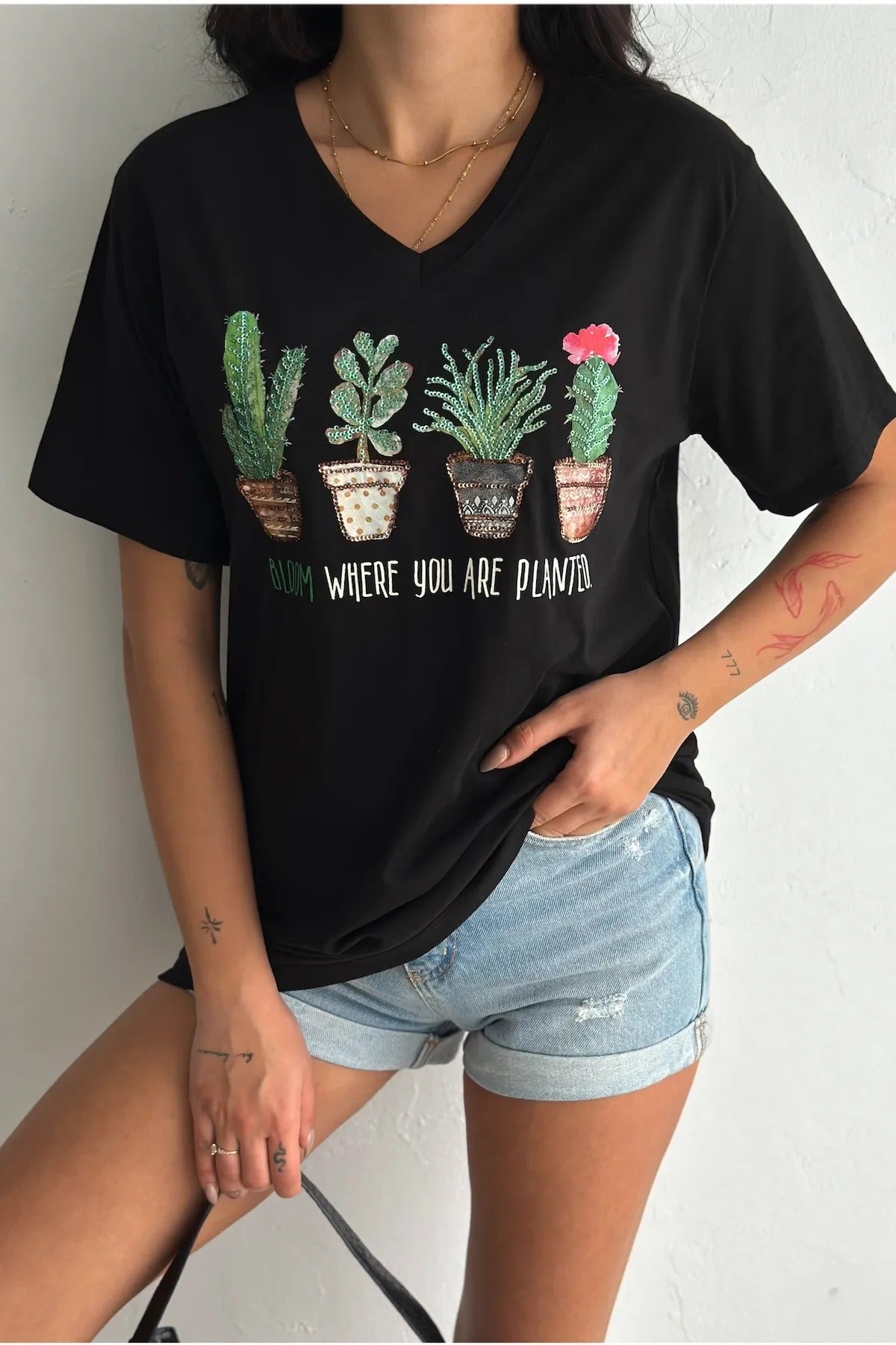 Cactus Floral Sequin Katoenen T-shirt - Zwart