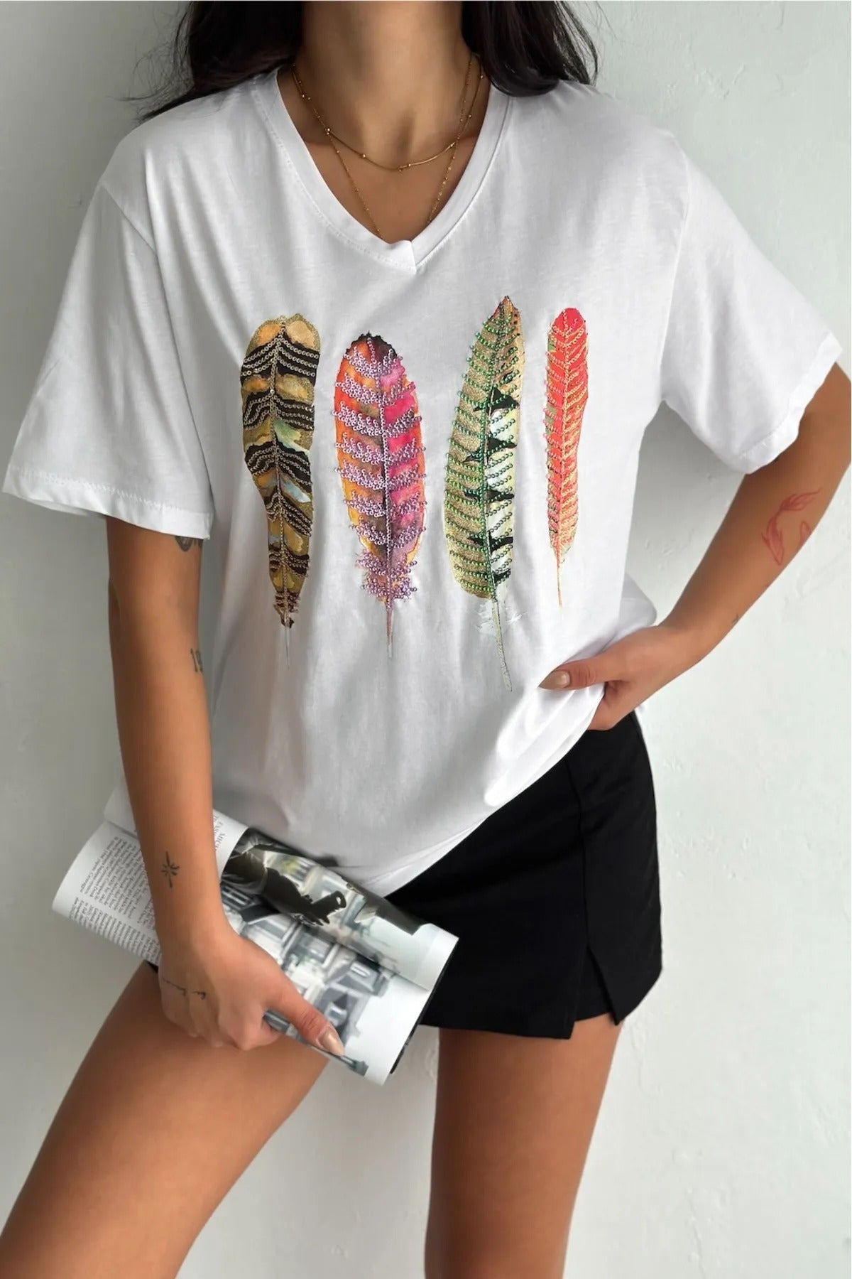 Tilda Leaf Sequin Cotton Short Sleeve T-Shirt - White