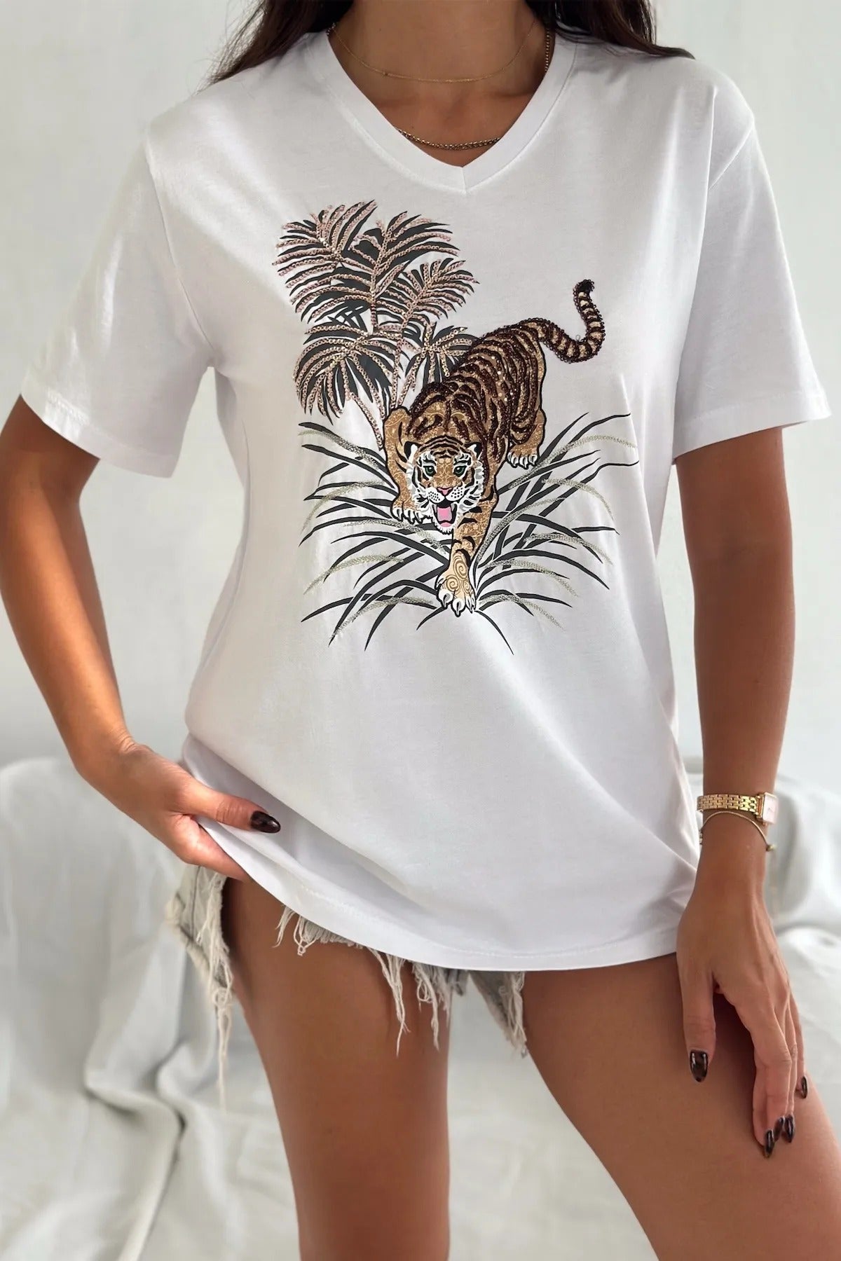 Leopard Sequin Cotton Short Sleeve T-Shirt - White