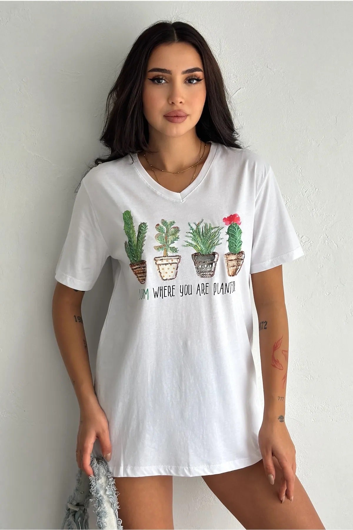 Cactus Floral Sequin Katoenen T-shirt - Wit