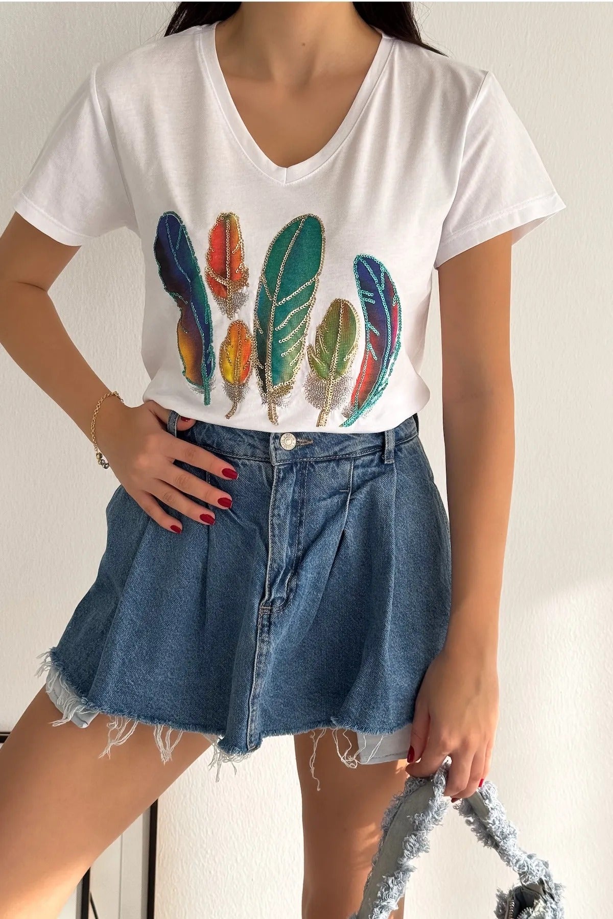 Cactus Floral Sequin Katoenen T-shirt - Wit