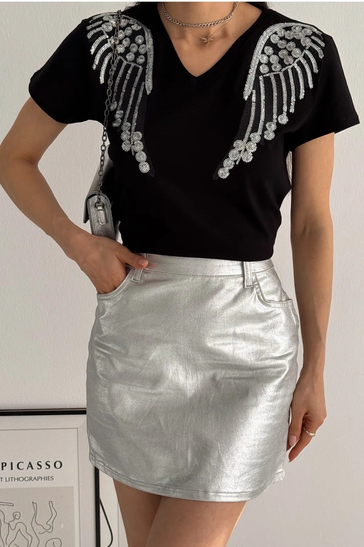 Angel Sequin katoenen T-shirt met korte mouwen - zwart