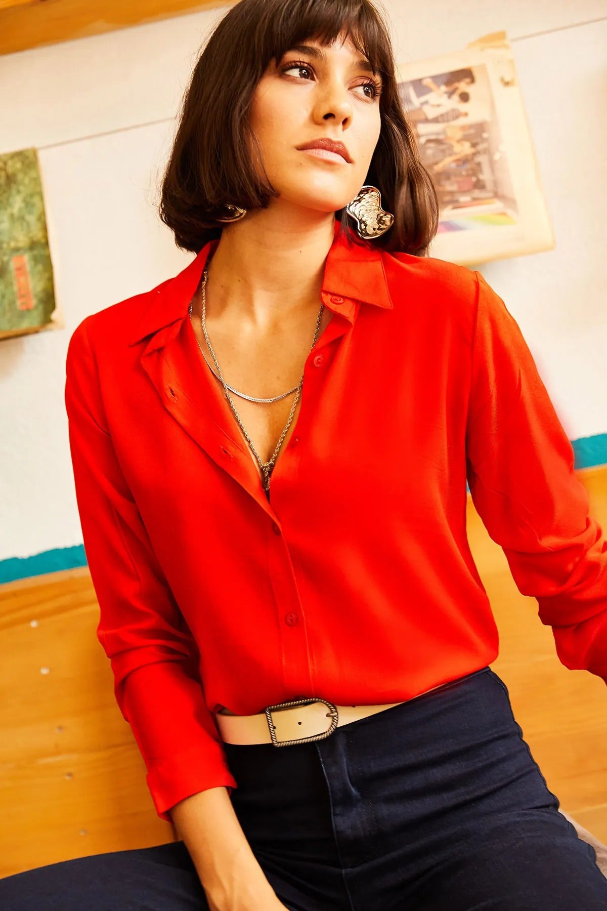Red Blue Button-Down Blouse