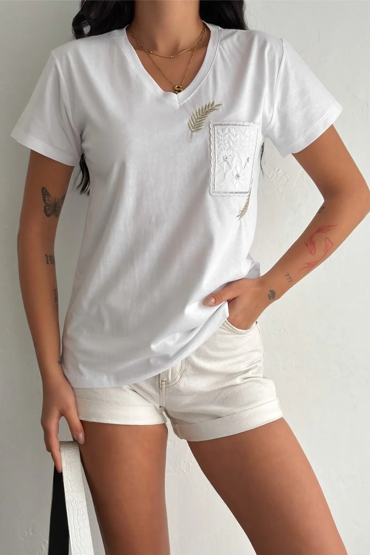 Cactus Floral Sequin Katoenen T-shirt - Wit