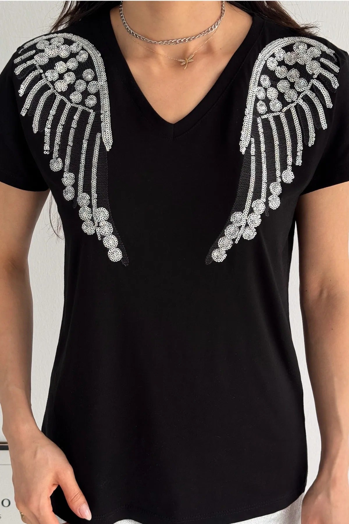 Angel Sequin katoenen T-shirt met korte mouwen - zwart