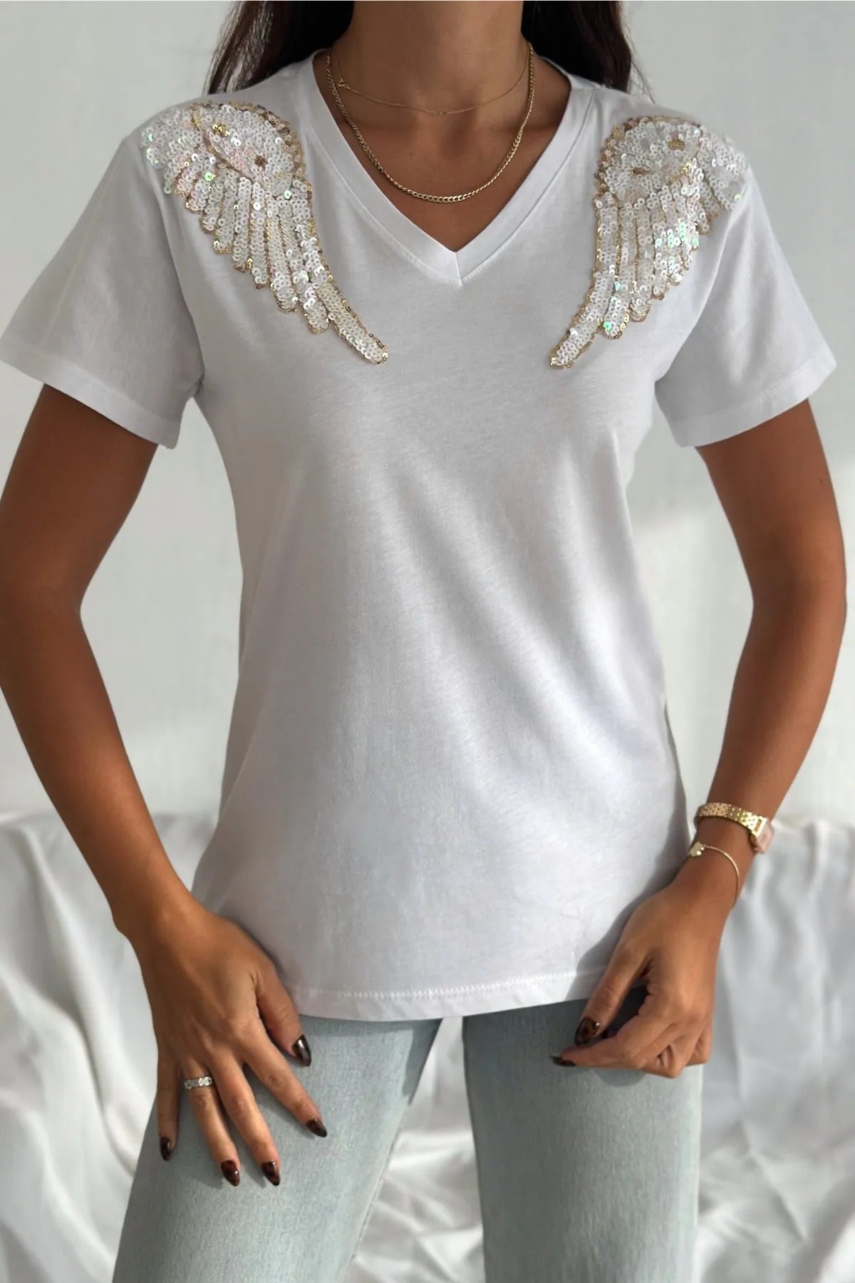 Angel Sequin katoenen T-shirt met korte mouwen - wit
