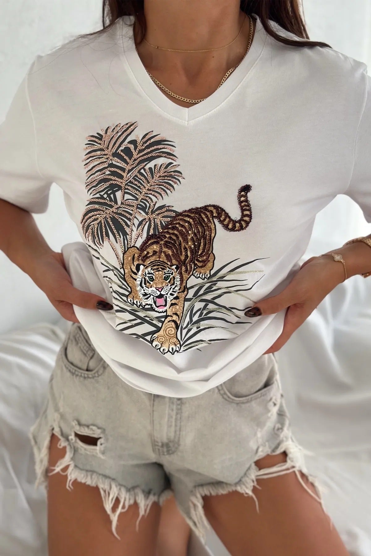 Leopard Sequin Cotton Short Sleeve T-Shirt - White