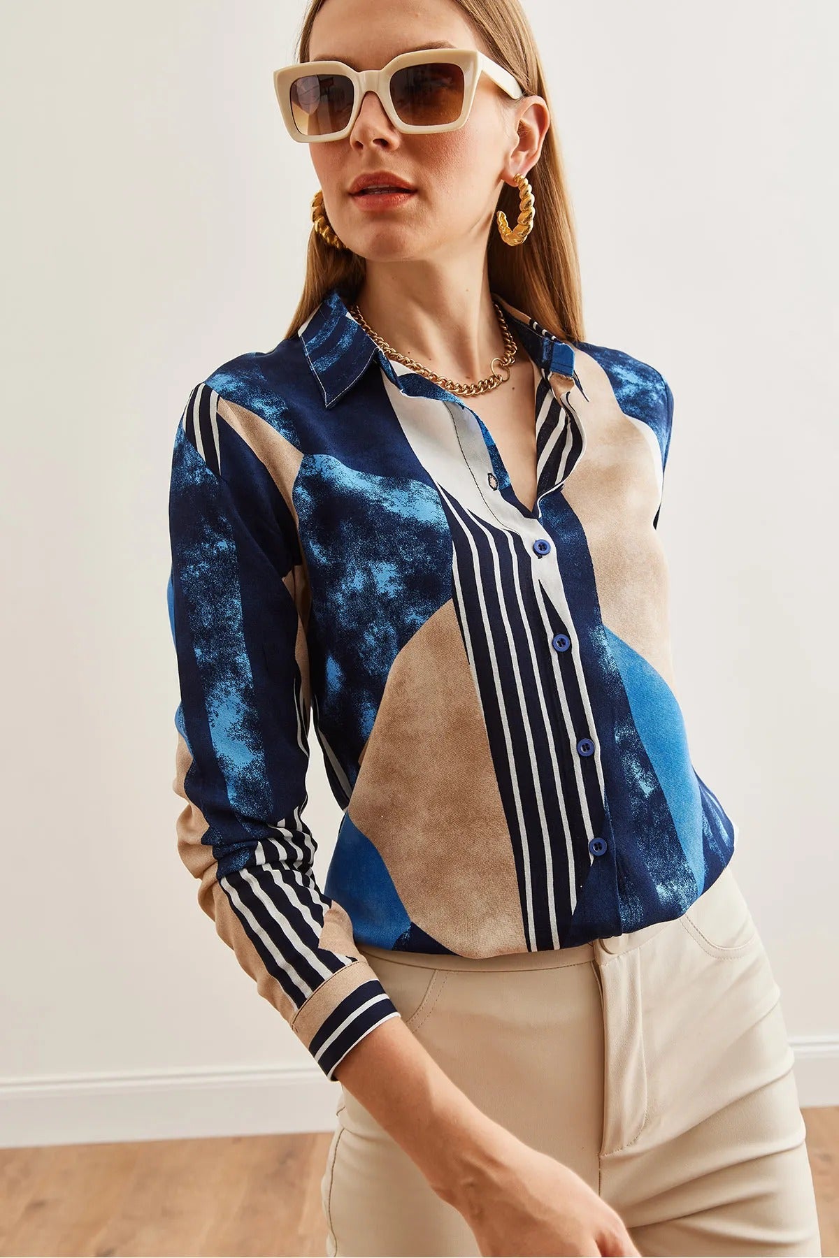Dark Blue Geometric Designer Button-Down Shirt