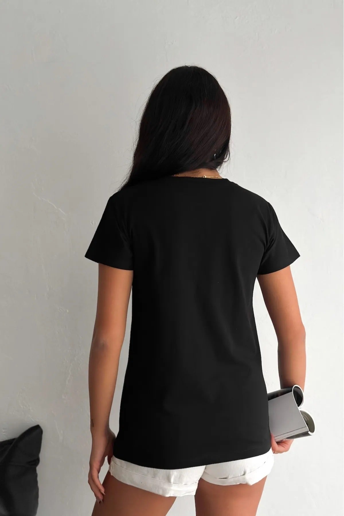 Camiseta de manga corta de algodón con lentejuelas de gato - Negra